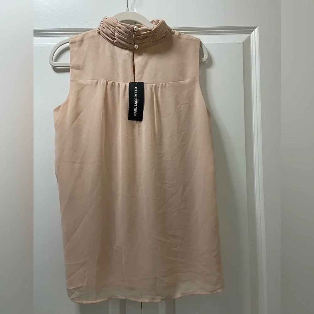 NWT Karl Lagerfeld Paris med. fancy top, sleeveless blouse pale pink faux pearl - Picture 3 of 7